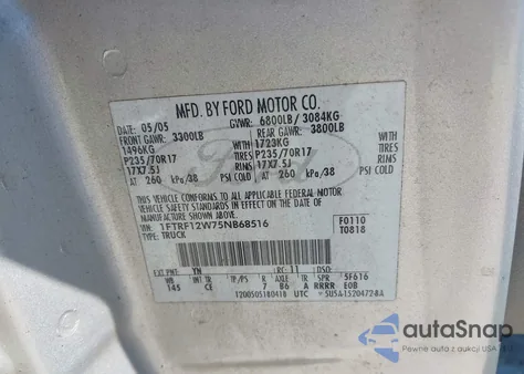 2005 Ford F-150 Stx/Xl/Xlt z USA, uszkodzony, nr VIN 1FTRF12W75NB68516